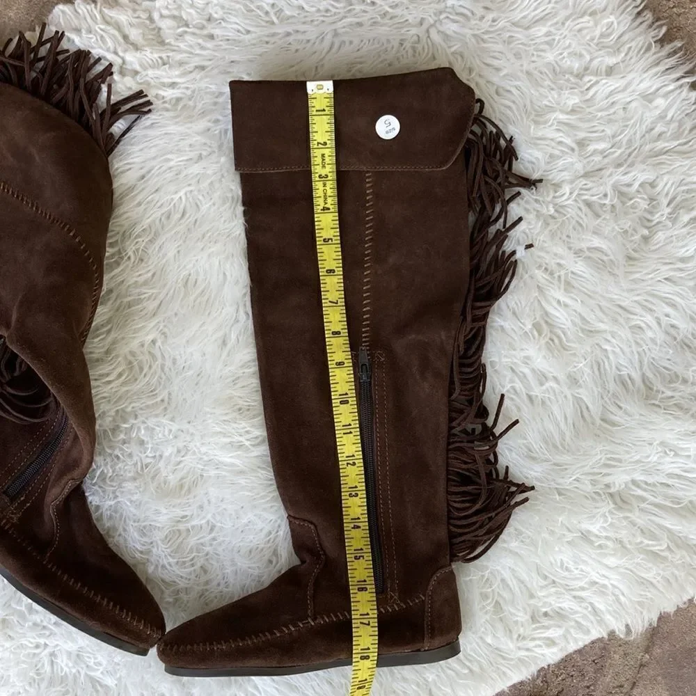 New Minnetonka Tall Leather Suede Brown Fringe Tall Moccasin Boots Size 5